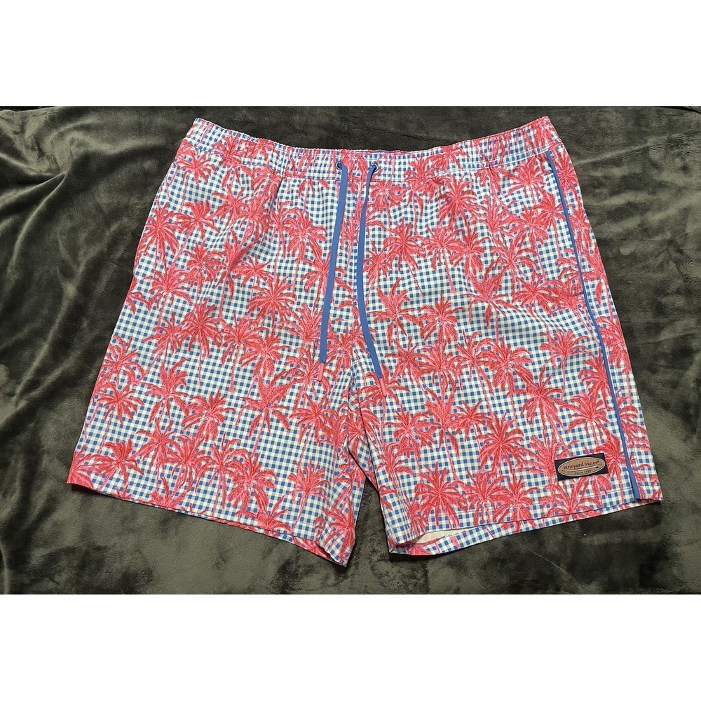 Vineyard Vines Swim Trunks Men Sz XL Coral Pink Blue Palm Trees Pockets 7"